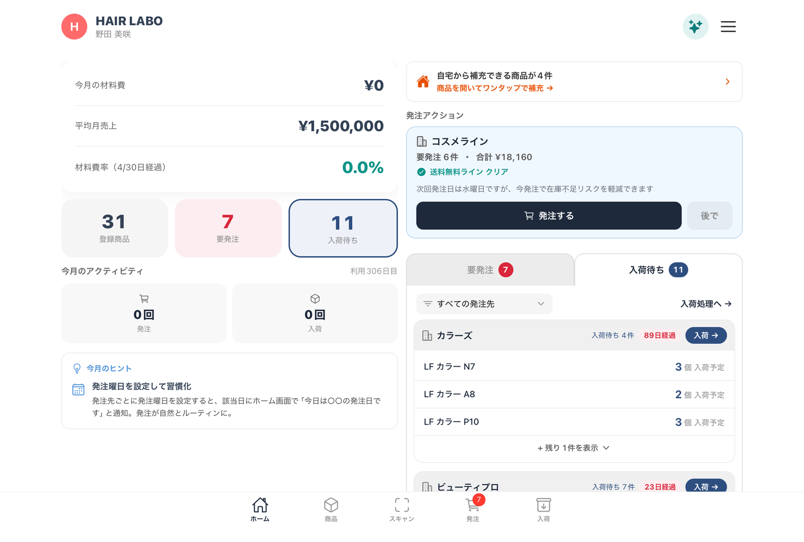 iPadを横向きにしたホーム画面。左に材料費と今月のうごき、右に発注アクションと要発注リストが並ぶ